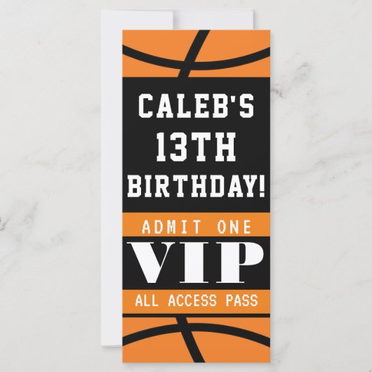 Carte Basket-ball Orange Black Anniversaire VIP Pass (Devant)