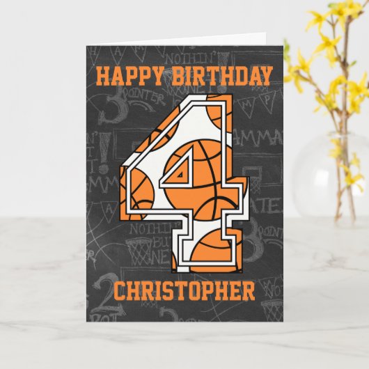 Carte Basketball Chalkboard 4e anniversaire (Fleur jaune)