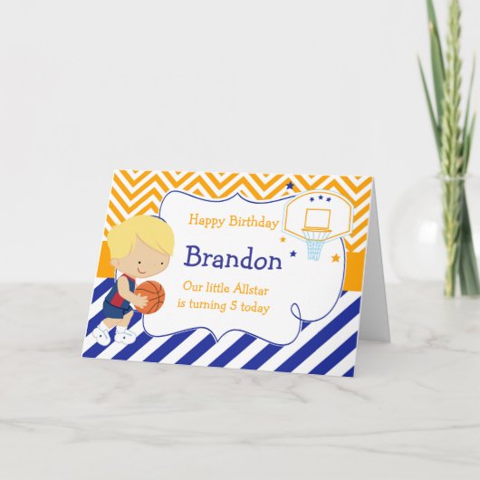 Carte Basketball mignonne Blonde cheveux garçon fête d'a (Devant)