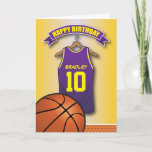 Carte Basketball Purple Jersey Sports Personnalisé Anniv<br><div class="desc">Cartes d'anniversaire de basket-ball pour enfants personnalisées avec un arrière - plan jaune et un maillot de basket jaune et violet que vous pouvez personnaliser avec le nom et l'âge des enfants, et un basket-ball au fond. Cette carte d'anniversaire de sport impressionne l'enfant d'anniversaire que ce soit votre fils/fille, neveu/nièce,...</div>