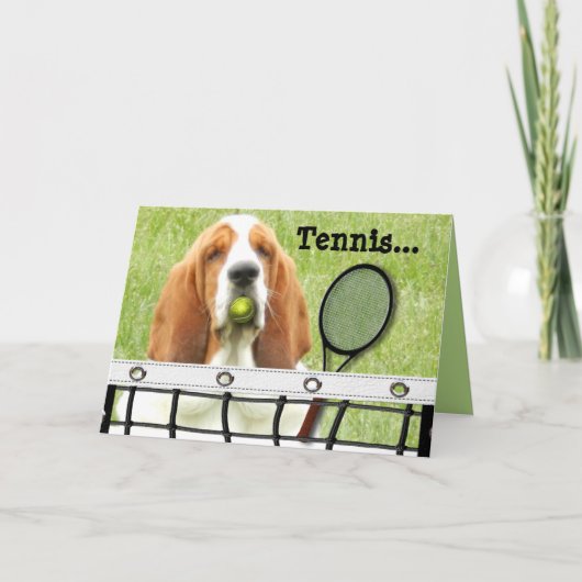 Carte Basset Greeting Card with Tennis Racket and Ball (Devant)