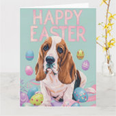 Carte Basset Hound Bonne Pâques (Fleur jaune)