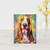 Carte Basset Hound Bonne Pâques (Fleur jaune)