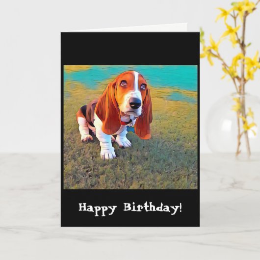 Carte Basset Hound Chien Chien Chien Chiot Whimsical Pho (Fleur jaune)
