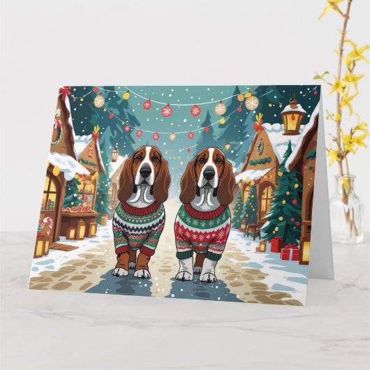 Carte Basset Hound Chiens Noël Fête de la neige (Fleur jaune)