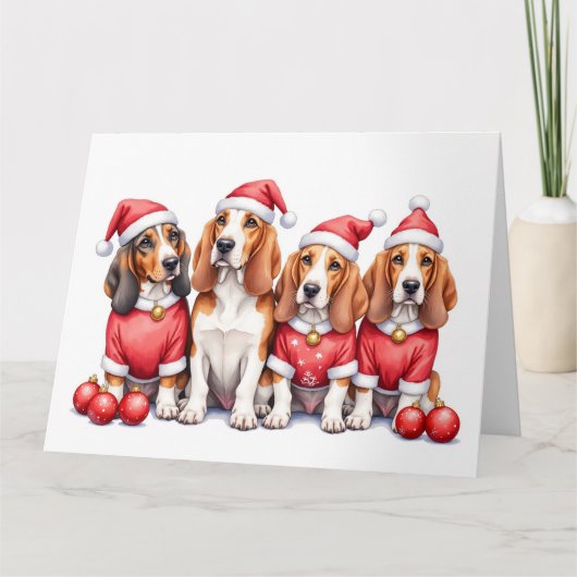 Carte Basset Hound Christmas Dress Santa Hat (Devant)