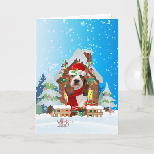 Carte Basset Hound dans la neige avec des cadeaux de Noë (Devant)