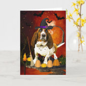 Carte Basset Hound Dog en costume d'Halloween (Fleur jaune)