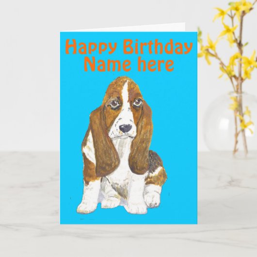 Carte Basset Hound Joyeux Anniversaire, ajouter le nom d (Fleur jaune)