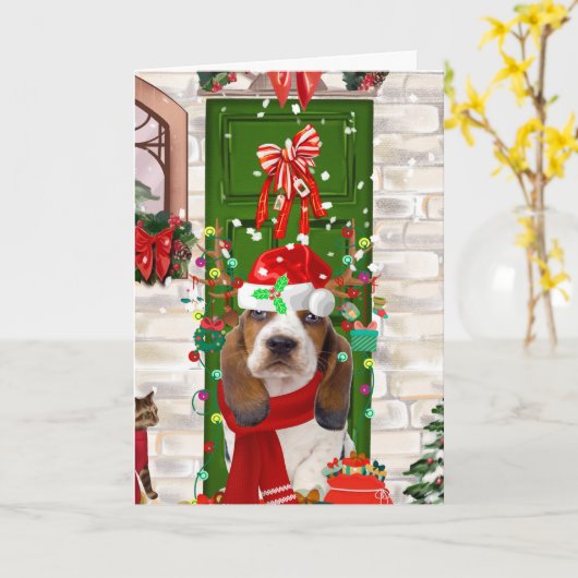 Carte Basset Hound Noël   (Fleur jaune)