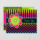 Carte Bat mitzvah Neon Floral Stripes (Devant / Derrière)