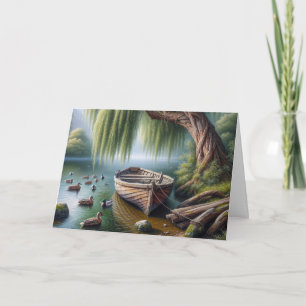 Carte Bateau à canot de nuit sous un saule qui pleut