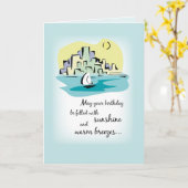 Carte Bateau à voile en face de la ville, Anniversaire (Fleur jaune)