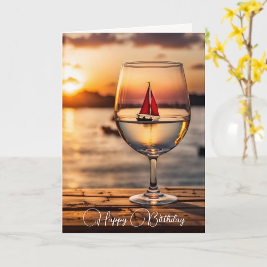 Carte Bateau À Voile En Verre Vin Anniversaire (Fleur jaune)