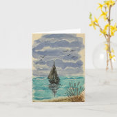 Carte Bateau à voile sur eau bleu turquoise - plié blanc (Fleur jaune)