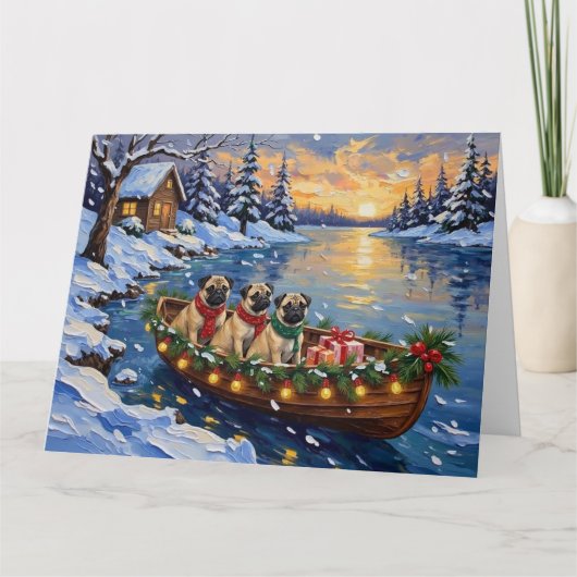 Carte Bateau de Noël Pug Fêtes (Devant)