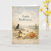 Carte Bateau Halloween de rangée de chat noir côtier (Fleur jaune)