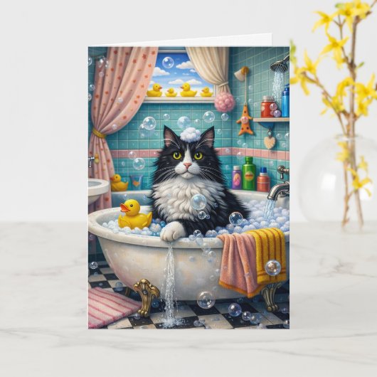 Carte Bath Time , Cat Greeting Card (Fleur jaune)