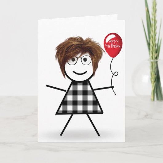 Carte Bâton fille d'anniversaire avec ballon rouge (Devant)