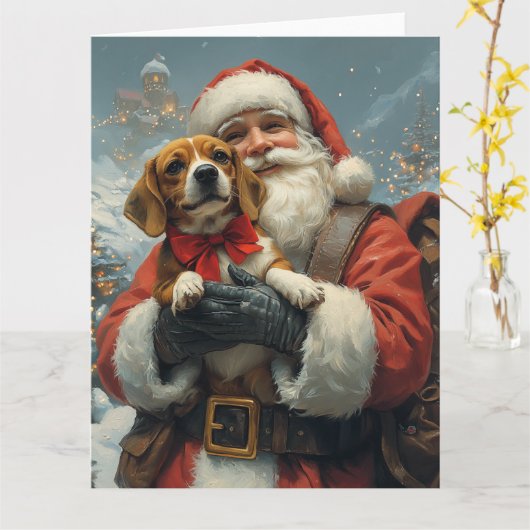 Carte Beagle avec Noël Festif du Père Noël (Fleur jaune)