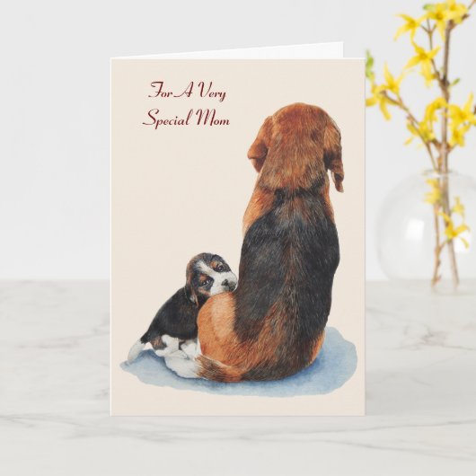 Carte beagle chiot mignon avec maman chien art original (Fleur jaune)