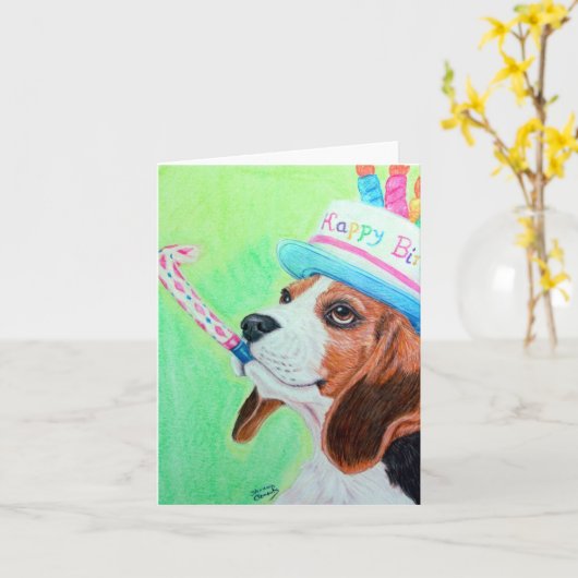 Carte Beagle d'anniversaire (Fleur jaune)