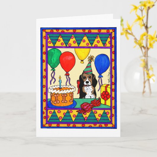 CARTE BEAGLE D'ANNIVERSAIRE (Fleur jaune)