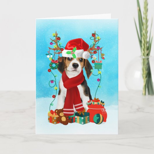 Carte Beagle dans la neige avec des cadeaux de Noël (Devant)