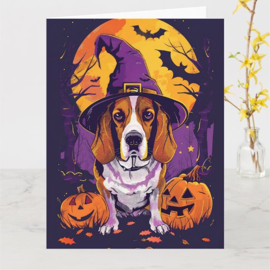 Carte Beagle effrayant Halloween Sorcière et Citrouille (Fleur jaune)