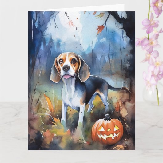 Carte Beagle Halloween avec citrouilles effrayant (Orchidée)