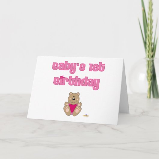 Carte Bear Brown mignonne Bib rose Bébé 1er anniversaire (Devant)
