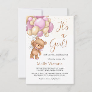 Carte Bear Pink Balloons Baby shower de fille