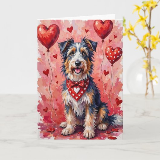 Carte Bearded Collie Valentine Dog Sitting with Hearts (Fleur jaune)