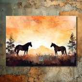 Carte Beau aquarelle Cheval au coucher du soleil Anniver
