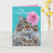 Carte Beau Chat-Espagnol Purrfecto Anniversaire (Fleur jaune)