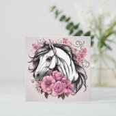 Carte Beau cheval blanc avec des fleurs roses (Debout devant)