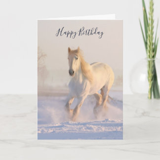 Carte Beau Cheval Blanc dans la neige Photo Anniversaire