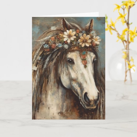 Carte Beau Cheval dans une Couronne Boho en toutes occas (Fleur jaune)
