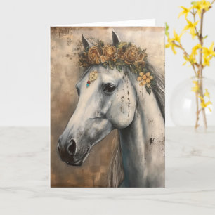 Carte Beau Cheval Gris dans une couronne Boho en toutes