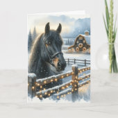 Carte Beau Cheval Noir Festif à la ferme Noël (Devant)