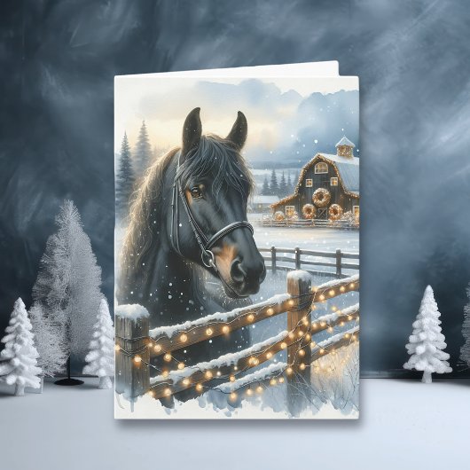 Carte Beau Cheval Noir Festif à la ferme Noël