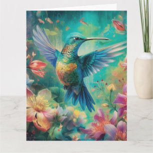 Carte Beau colibri entouré de fleurs