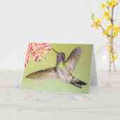 Carte Beau colibri volant à une sympathie de fleurs (Fleur jaune)