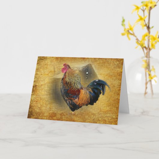 Carte Beau coq et coop de poulet rustique (Fleur jaune)