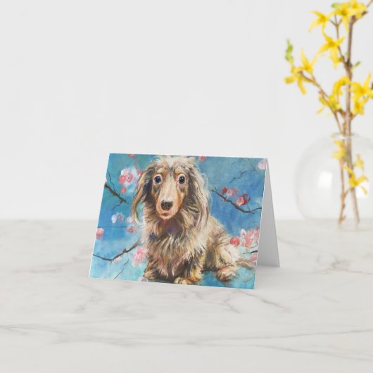 Carte Beau Dachshund à long Haired en fleurs de cerisier (Fleur jaune)
