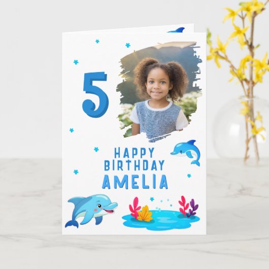 Carte Beau Dauphin Sea Animaux Photo Anniversaire (Fleur jaune)