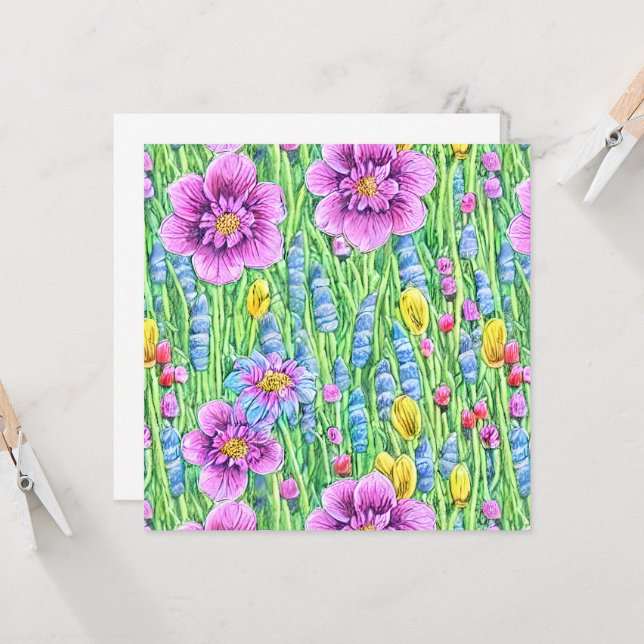 Carte Beau jardin de fleurs d'aquarelle violet vert (Devant/Arrière en situation)