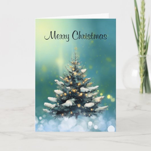 Carte Beau sapin de Noël avec lumières de neige et d'or (Devant)