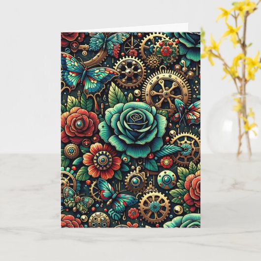 Carte Beau Steampunk Gears à thème et Rose Blank (Fleur jaune)