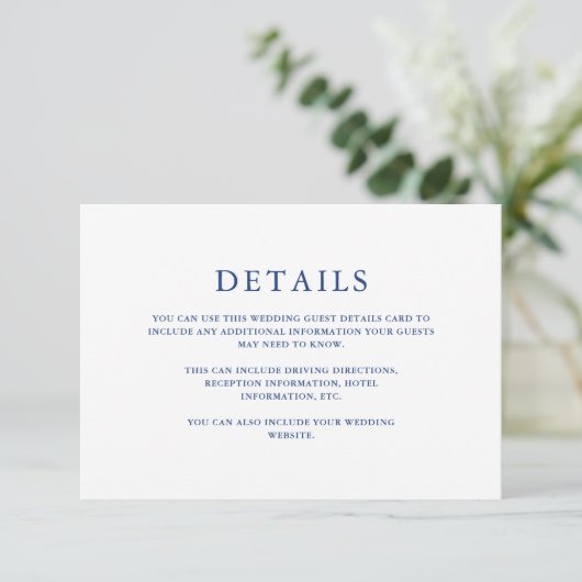 Carte Beautiful Blue Floral Mariage Détails de l'invité (Debout devant)